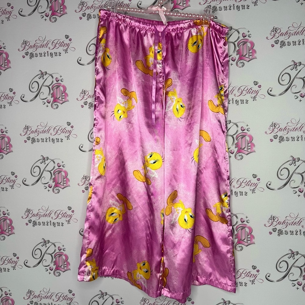 Tweety bird pants capri crop Pink Satin Looney Tunes Pajama Pants